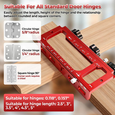 Adjustable Aluminum Door Hinge Mortise Jig Kit with dual clamps for precise hinge positioning and pro-grade install on wooden door.