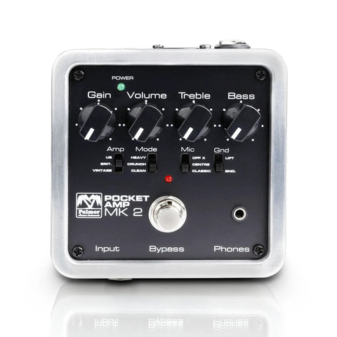 Front view of Pocket Amp MK2 Analog Guitar Preamp and DI Box with control knobs and headphone input for electric guitar and bass