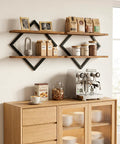 Top Shelf Two Tier Floating Wall Shelves Set Of Two With Sleek Diamond Iron Frame Rustic Brown Metal Decor For Living Room Bedroom Kitchen Home Office that displays kitchen essentials.