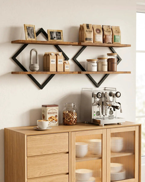 Top Shelf Two Tier Floating Wall Shelves Set Of Two With Sleek Diamond Iron Frame Rustic Brown Metal Decor For Living Room Bedroom Kitchen Home Office that displays kitchen essentials.