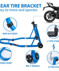 Beefed Up Heavy Duty Motorcycle Stand 850 Lb Capacity Rear And Front Wheel Lift Swingarm Paddock Stands Blue with bike illustration