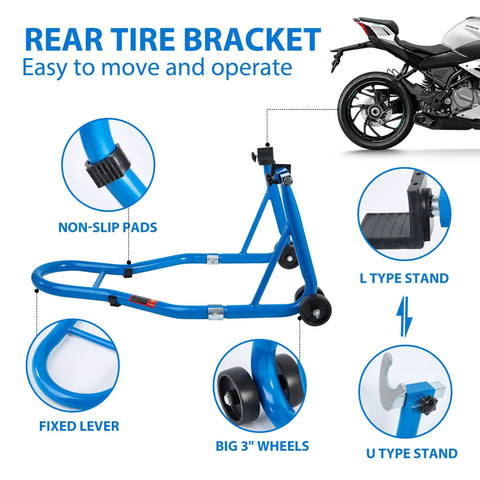 Beefed Up Heavy Duty Motorcycle Stand 850 Lb Capacity Rear And Front Wheel Lift Swingarm Paddock Stands Blue with bike illustration