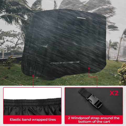Universal Heavy Duty Golf Cart Cover For 2 And 4 Seater Carts Weatherproof Water Resistant Windproof UV Shield With Storage Bag Fits EZGO And Club Car 2 And 4 Passenger Models Black shown in stormy weather with elastic band and windproof strap details.