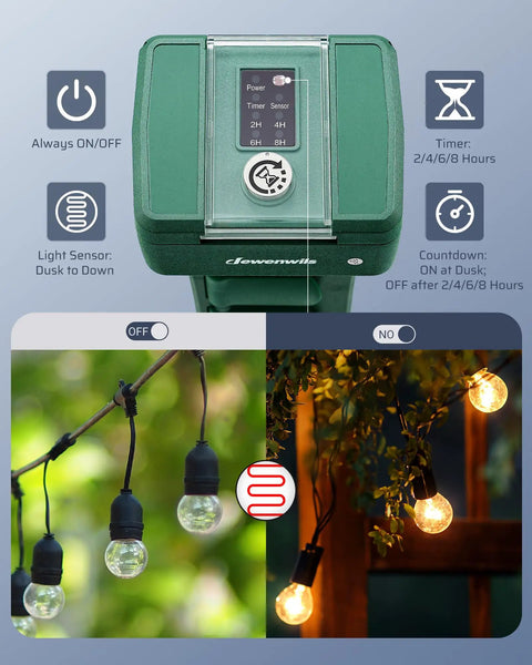 Rugged-as-Nails Outdoor Power Stake Timer with Six Heavy-Gauge Outlets showing timer options and light sensor features.