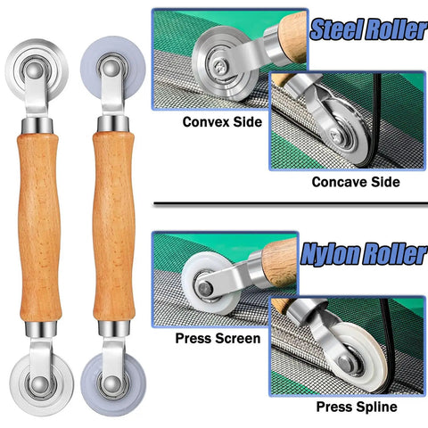 6 In 1 Window Screen Repair Kit With Black Mesh 48x118 Two Bearing Rollers 50 Ft Spline 8 Clips Hook featuring steel and nylon rollers