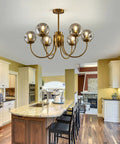 Gold 6-Light Sputnik Chandelier With Glass Shade, Modern Farmhouse Ceiling Pendant Light Fixture in kitchen setting