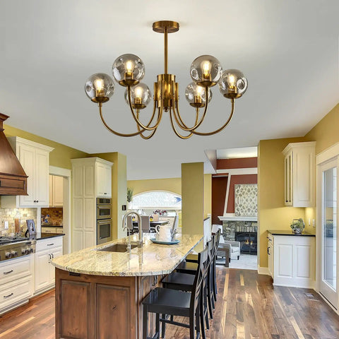 Gold 6-Light Sputnik Chandelier With Glass Shade, Modern Farmhouse Ceiling Pendant Light Fixture in kitchen setting