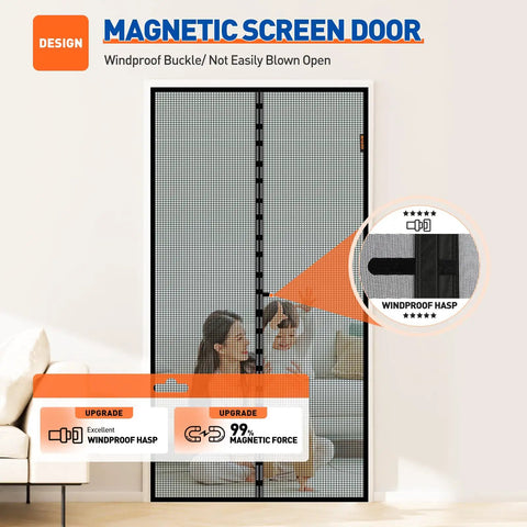 Magnetic Screen Door for 32x80 Openings, Fits 34x81 Mesh shown with windproof buckle and magnetic closure mechanism, black
