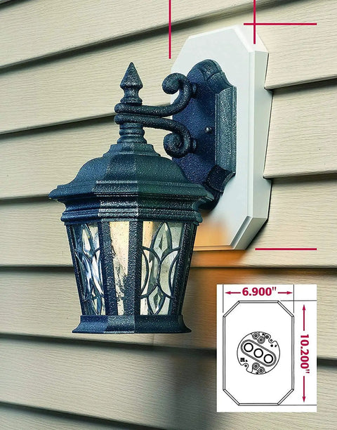 Outdoor light mounted on Siding Mounting Kit With Built In Electrical Box For Half Inch Lap Double Siding White Easy Peasy Install