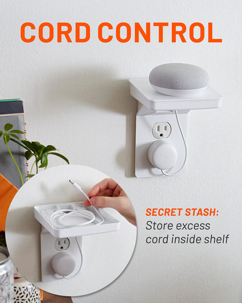 Outlet Shelf for Standard Outlets With Built In Cord Storage And Room For Bulky Plugs Quick Install With Included Hardware Five Point Seven Inch Wall Profile Five Inch Shelf Width Holds Up To Five Pounds Space Saver Power Hub, shown storing cords and holding a smart speaker.