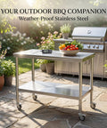 Beefy Stainless Steel Pulley Workbench With Casters, Heavy Duty Prep Table With Lower Shelf For Restaurants, Garages, And Outdoor BBQs, 201 Stainless Steel Construction, Anti Corrosion Finish, Mobile Kitchen Station in garden