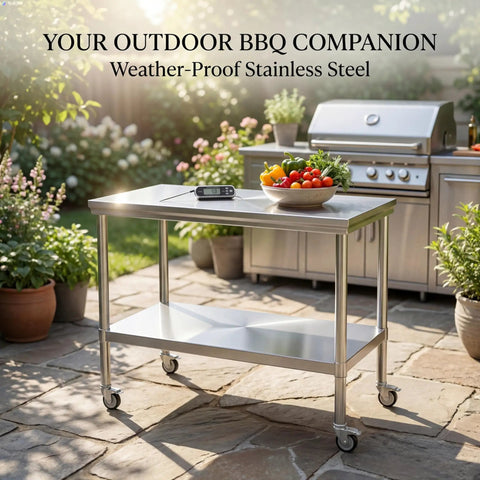 Beefy Stainless Steel Pulley Workbench With Casters, Heavy Duty Prep Table With Lower Shelf For Restaurants, Garages, And Outdoor BBQs, 201 Stainless Steel Construction, Anti Corrosion Finish, Mobile Kitchen Station in garden