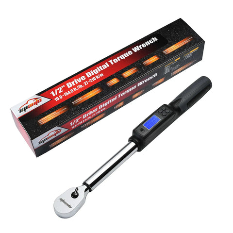 Half Inch Digital Torque Wrench With Rotating Display For Precise Fastening, 19.9 To 154.8 Lb Ft Range, Four Percent Accuracy, Beep Alerts When Target Reached, Easy Unit Conversions Between Lb Ft Nm Kg, Half Inch Drive, Made In Taiwan shown with box