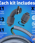 Power Whip Wiring Kit components, showing 90-degree connector, straight connector, colored copper wires, and 6FT conduit.