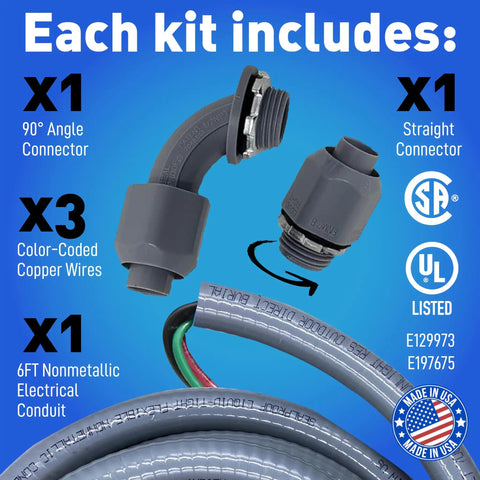 Power Whip Wiring Kit components, showing 90-degree connector, straight connector, colored copper wires, and 6FT conduit.