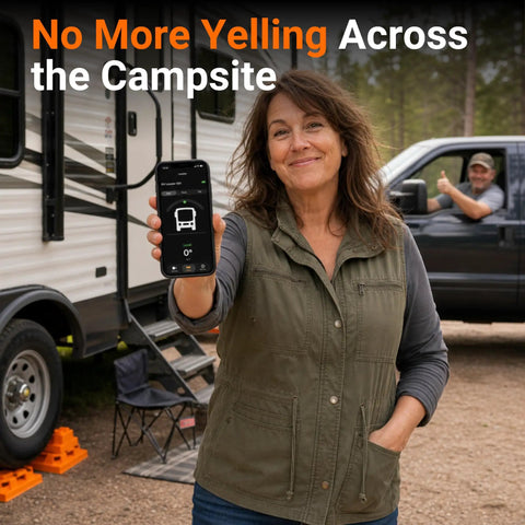 Woman using Hassle Free Wireless RV Leveling System With Bluetooth App Control outside travel trailer, showcasing smartphone app.