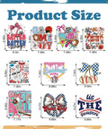 10 Pack Baseball DTF Iron On Transfers For T Shirts And Apparel Ready To Press Heat Transfer Sheets For Shirts Hoodies Canvas Bags Pillows DIY Crafts Ideas with product design size chart and colorful baseball-themed graphics.