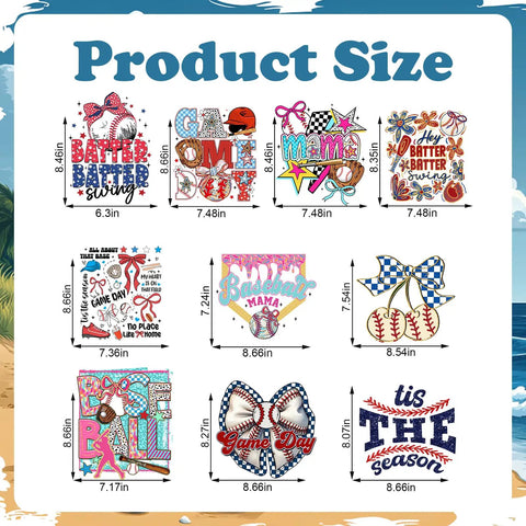 10 Pack Baseball DTF Iron On Transfers For T Shirts And Apparel Ready To Press Heat Transfer Sheets For Shirts Hoodies Canvas Bags Pillows DIY Crafts Ideas with product design size chart and colorful baseball-themed graphics.