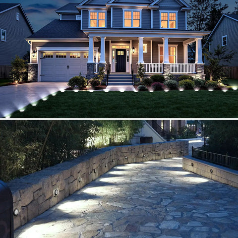 14 Pack Solar In Ground Pathway Lights With 10 LED Bulbs Each illuminating a driveway and stone pathway at night, waterproof design.