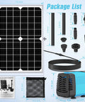Package contents of Must Have 15W Solar Fountain Pump With 190GPH Flow Submersible Solar Powered Water Pump, showing parts and dimensions.