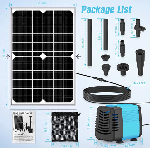 Package contents of Must Have 15W Solar Fountain Pump With 190GPH Flow Submersible Solar Powered Water Pump, showing parts and dimensions.