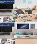 Before and after using Compact Glass Dry Erase Whiteboard With Built In Keyboard Stand And Drawer Your Go To Desk Organizer For Office Home And School Smooth Writing Surface And Easy To Wipe White Board Pad, showing a messy and organized desk.