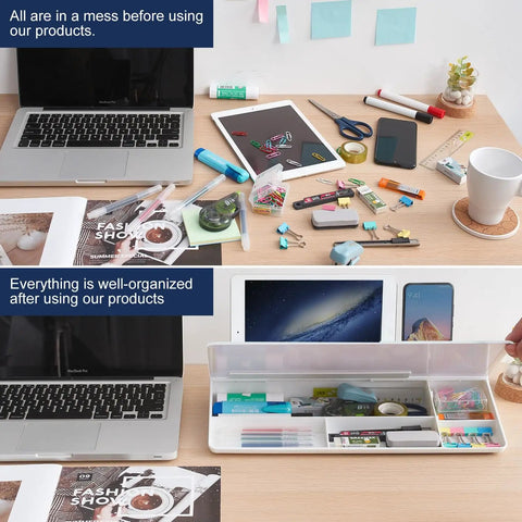Before and after using Compact Glass Dry Erase Whiteboard With Built In Keyboard Stand And Drawer Your Go To Desk Organizer For Office Home And School Smooth Writing Surface And Easy To Wipe White Board Pad, showing a messy and organized desk.