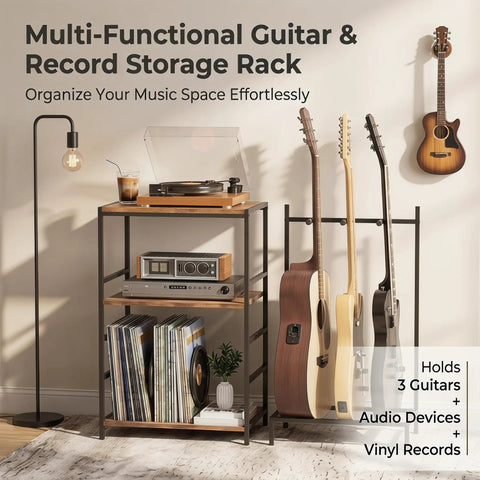 Guitar Stand For Multiple Guitars With 3 Tier Display Rack holds acoustic, electric guitars in home studio setting with vinyl records.