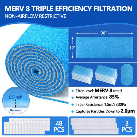 Air Vent Filter Roll 12x90 Cut To Fit MERV 8 Triple Filtration Electrostatic Vent Filter for Home HVAC details and dimensions
