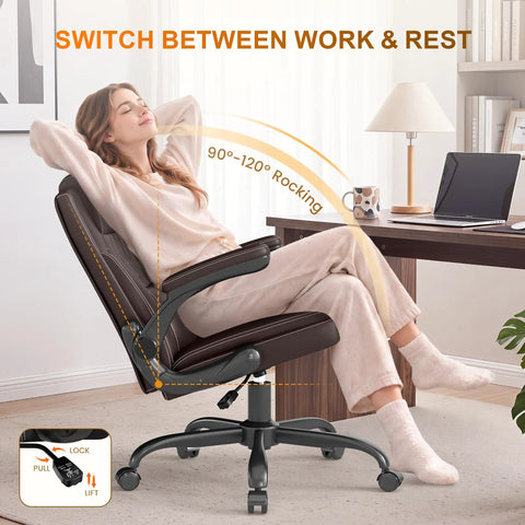 Premium Mid Back Leather Executive Office Chair Featuring Ergonomic Lumbar Support And Flip Up Armrests For Boss Level Comfort During Long Study Marathons And Crunch Time Deadlines in a relaxed position with 90-120° rocking.