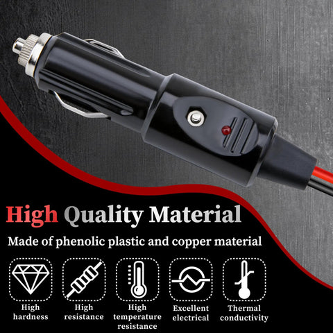 Hella Tough 12AWG Heavy Duty Cigarette Lighter Male Plug With 3.3Ft 12V Cable showing phenolic plastic and copper construction.