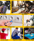 Images showing various repair tasks including toy, DIY project, socket repair, furniture, curtain, appliance, and 3D printer repair.