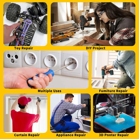 Images showing various repair tasks including toy, DIY project, socket repair, furniture, curtain, appliance, and 3D printer repair.