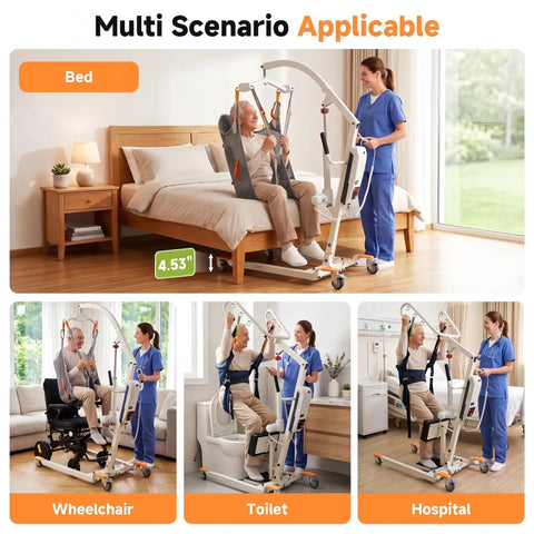 2-in-1 Electric Patient Lift For Seniors With 420 Lbs Capacity Dual Stand Assist And Full Body Suspension Mobility Aid in multi-use scenarios.