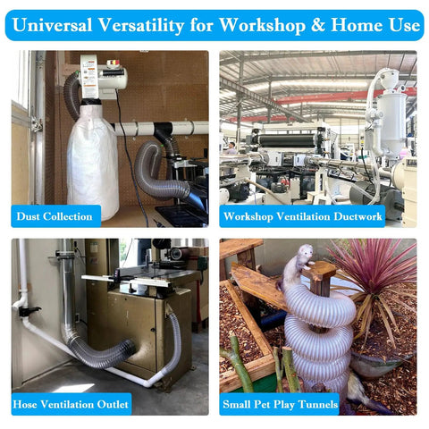 Collage showing 2-1/2 Inch Dust Collection Hose For Woodworking, Flexible Clear PVC Vacuum Hose With Steel Wire, 20 Foot Length in various setups.