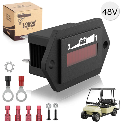 48V LED Battery Indicator Meter For Lead Acid Batteries Updated Gauge For Golf Carts And Battery Powered Equipment Water Resistant And Easy To Read black gauge with mounting hardware and golf cart