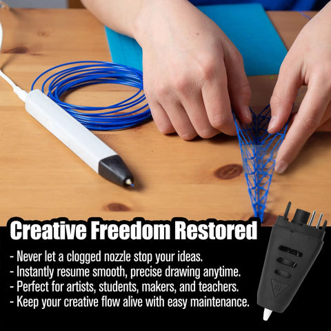 Replacement 3D Pen Nozzle For Pro 3D Printing Scribbler With Quick Snap In Design in use creating blue 3D mesh on table