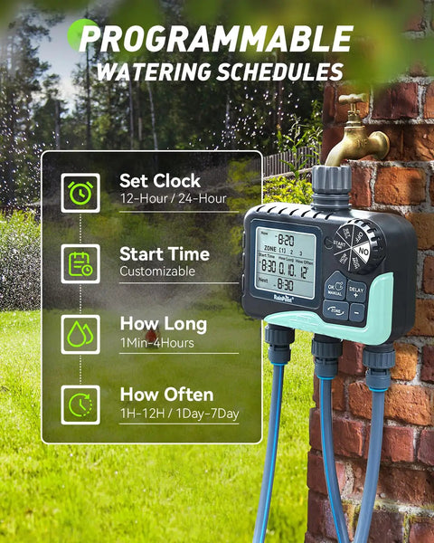 Three Zone Sprinkler Timer For Lawn And Garden With No Fuss Programmable Watering Modes Auto Manual Rain Delay IP65 Waterproof With Large LCD Screen And Fortified Valve For Strong Water Flow