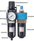 Half Inch NPT Air Filter Regulator Lubricator FRL With 5 Micron Brass Element, 0-150 PSI Gauge, Manual Drain, Metal Bracket front view