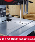 Close-up of 5 inch metal band saw blade on sturdy table, showcasing the Shop Tough 5 Inch Metal Band Saw Featuring A Rock Solid 1.5 Hp Motor And Smooth Variable Speed Control For Seamless Cuts And Heavy Duty Benchtop Metal Fabrication.