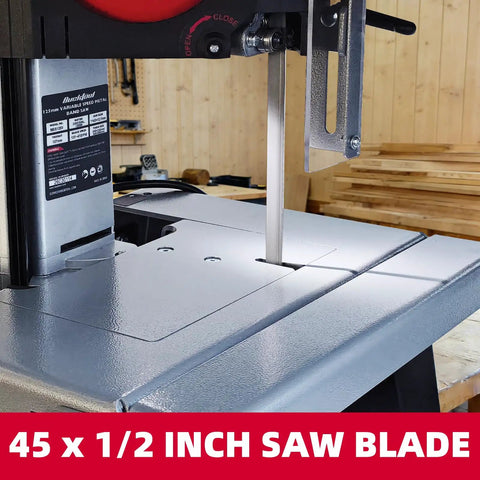 Close-up of 5 inch metal band saw blade on sturdy table, showcasing the Shop Tough 5 Inch Metal Band Saw Featuring A Rock Solid 1.5 Hp Motor And Smooth Variable Speed Control For Seamless Cuts And Heavy Duty Benchtop Metal Fabrication.