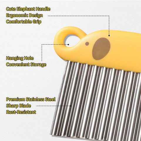 Crinkle Cutter & French Fry Cutter with yellow elephant-handle and stainless steel wavy blades (close-up)