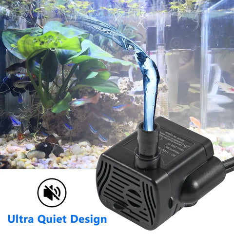 Tiny Yet Mighty Submersible Water Pump, 3W Adjustable Flow Up To 50 GPH, shown in aquarium with fish, quiet operation