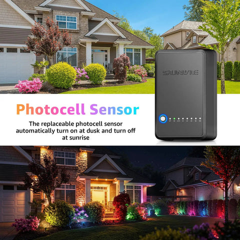 All In One Low Voltage Landscape Lighting Kit With 12 RGBW 3W LEDs, 60W Transformer, Photocell Sensor in use outdoors