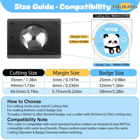 Heavy Duty 70mm Circle Punch for DIY Badges and Scrapbooking size guide showing cutting and badge size details