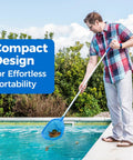 Man using 57 Inch Telescopic Pool Skimmer Net With Aluminum Pole Leaf Rake For Fast Cleaning Of Pools Ponds Hot Tubs And Spas