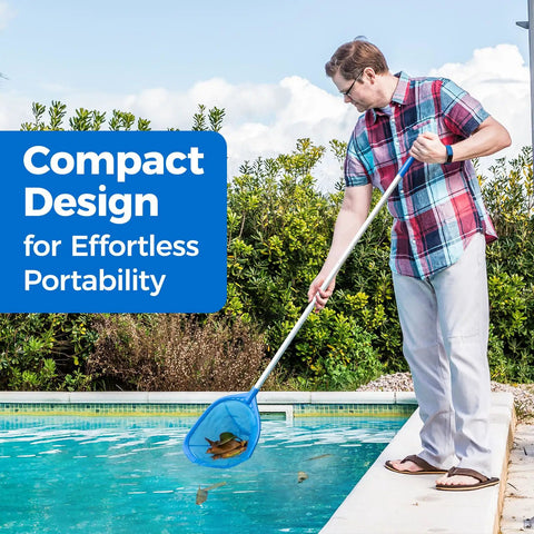 Man using 57 Inch Telescopic Pool Skimmer Net With Aluminum Pole Leaf Rake For Fast Cleaning Of Pools Ponds Hot Tubs And Spas