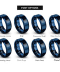 Slick Cartesian Grid Design Dope Blue Plated Tungsten Carbide Wedding Ring in various font options, size 8.5.
