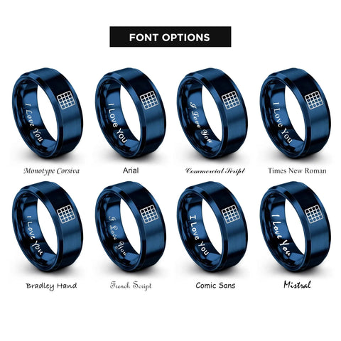 Slick Cartesian Grid Design Dope Blue Plated Tungsten Carbide Wedding Ring in various font options, size 8.5.