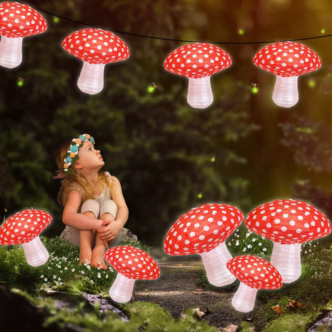 Forest Theme Mushroom Shaped Paper Lanterns Set, 6 Pack Hanging Lanterns with girl in fairy garden setting
